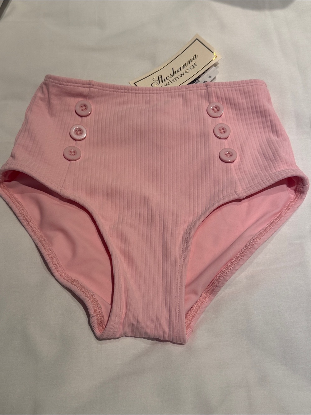 Shoshanna Pink Ribbed High-Waist Bikini Bottom with Button Detail NWT